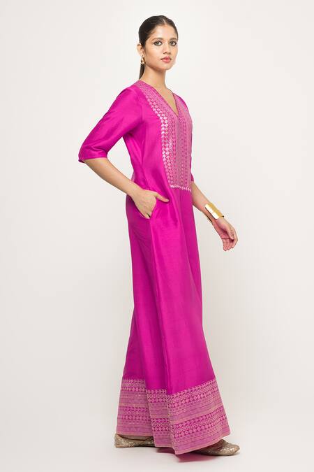 SOBARIKO Pink Silk, Brocade Embroidery V-neck Sayra Geometric Bodice Jumpsuit Online at Aza Fashions SOBARIKO_Pink Silk, Brocade Embroidery V-neck Sayra Geometric Bodice Jumpsuit _Online_at_Aza_Fashions