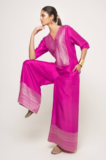 Shop SOBARIKO Pink Silk, Brocade Embroidery V-neck Sayra Geometric Bodice Jumpsuit Online at Aza Fashions Shop_SOBARIKO_Pink Silk, Brocade Embroidery V-neck Sayra Geometric Bodice Jumpsuit _Online_at_Aza_Fashions