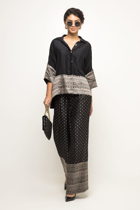 Sobariko Black Brocade Woven Geometric Collared Neck Jeha Panel Shirt With Pant 