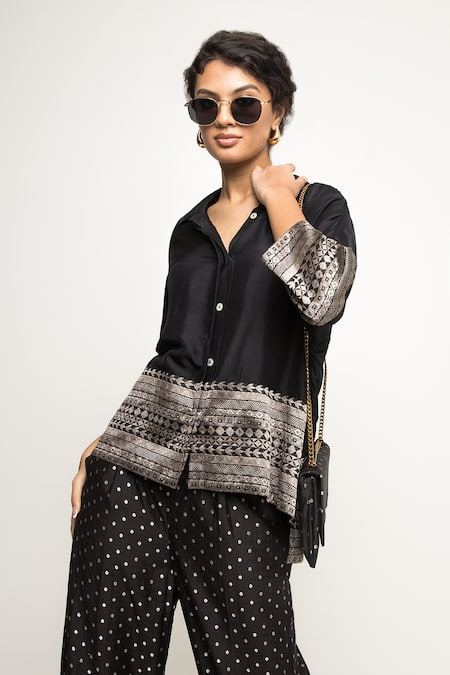 SOBARIKO Black Silk, Brocade Embroidery Collared Jeha Panel Shirt With Pant Online at Aza Fashions SOBARIKO_Black Silk, Brocade Embroidery Collared Jeha Panel Shirt With Pant _Online_at_Aza_Fashions