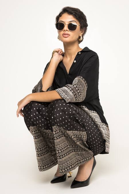 Buy SOBARIKO Black Silk, Brocade Embroidery Collared Jeha Panel Shirt With Pant Online at Aza Fashions Buy_SOBARIKO_Black Silk, Brocade Embroidery Collared Jeha Panel Shirt With Pant _Online_at_Aza_Fashions
