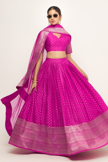 Buy SOBARIKO Pink Silk, Organza, Brocade Embroidery V-neck Butti Pattern Lehenga Set Online at Aza Fashions Buy_SOBARIKO_Pink Silk, Organza, Brocade Embroidery V-neck Butti Pattern Lehenga Set _Online_at_Aza_Fashions