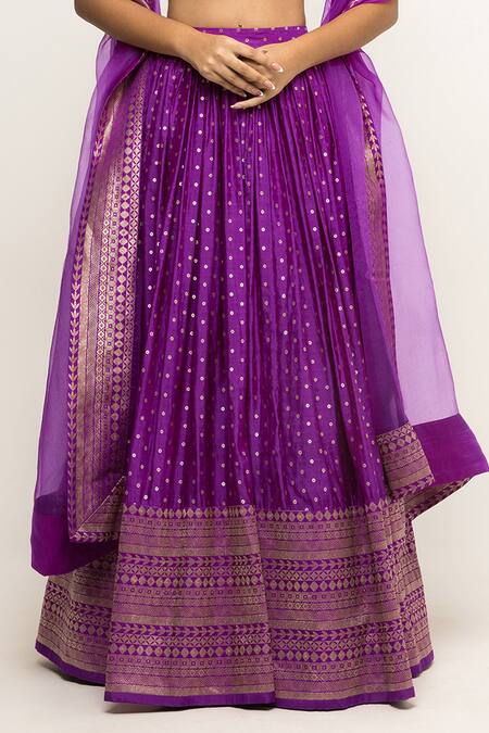 SOBARIKO_Purple Silk, Brocade, Organza Embroidery Butti Pattern Lehenga And Blouse Set _Online_at_Aza_Fashions