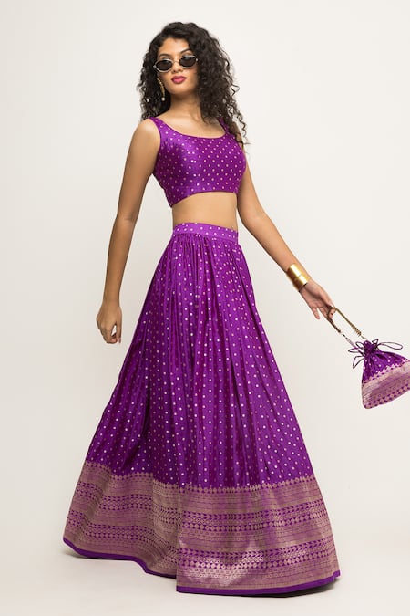 Buy_SOBARIKO_Purple Silk, Brocade, Organza Embroidery Butti Pattern Lehenga And Blouse Set _Online_at_Aza_Fashions