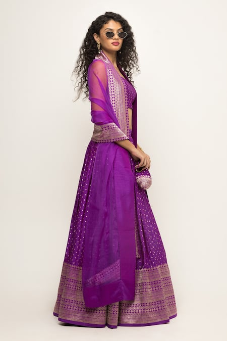 Shop_SOBARIKO_Purple Silk, Brocade, Organza Embroidery Butti Pattern Lehenga And Blouse Set _Online_at_Aza_Fashions
