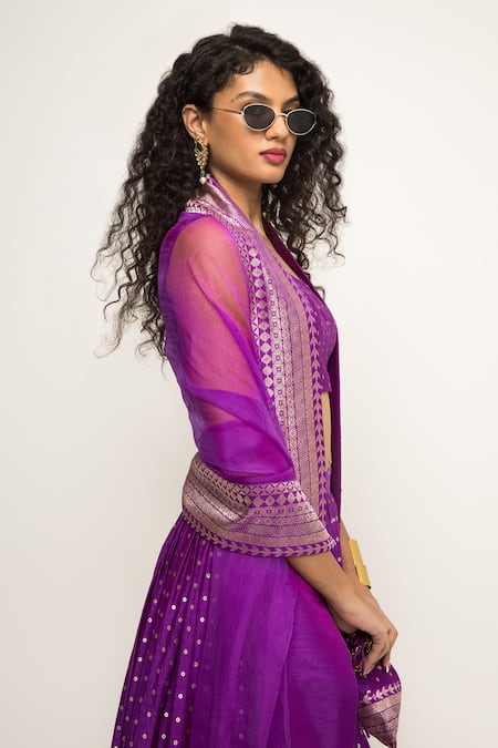 SOBARIKO_Purple Silk, Brocade, Organza Embroidery Butti Pattern Lehenga And Blouse Set _at_Aza_Fashions