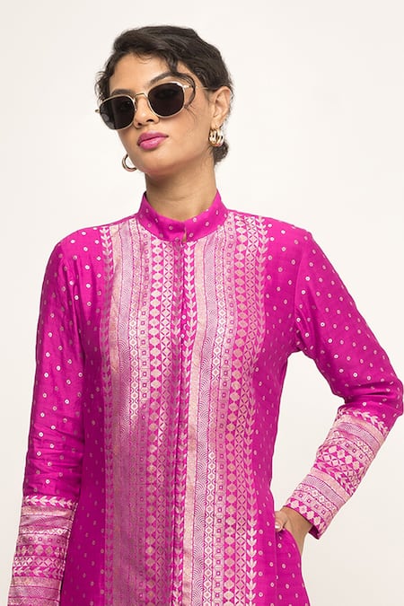 SOBARIKO_Pink Brocade Embroidery Round Neck Butti Pattern Jacket With Dhoti Pant _Online_at_Aza_Fashions