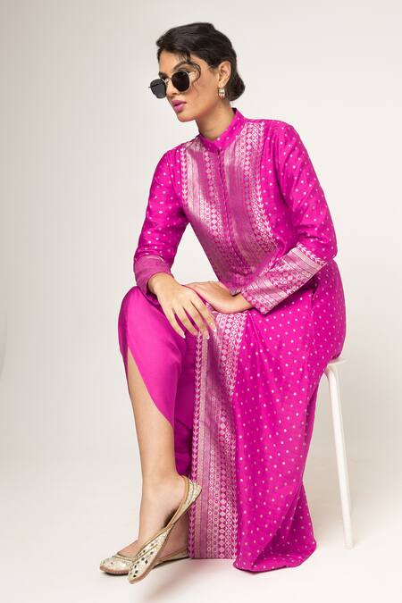 Shop_SOBARIKO_Pink Brocade Embroidery Round Neck Butti Pattern Jacket With Dhoti Pant _Online_at_Aza_Fashions