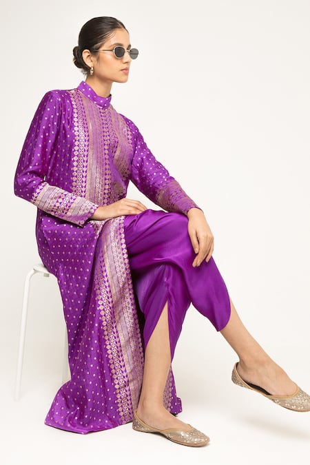 SOBARIKO_Purple Brocade Embroidery Round Neck Butti Pattern Long Jacket With Dhoti Pant _Online_at_Aza_Fashions