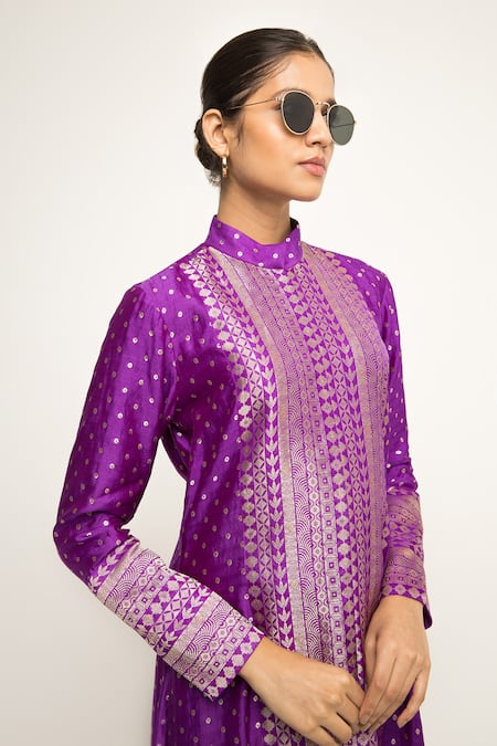 Buy_SOBARIKO_Purple Brocade Embroidery Round Neck Butti Pattern Long Jacket With Dhoti Pant _Online_at_Aza_Fashions
