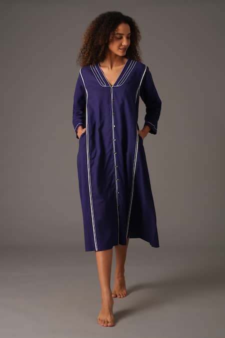 KHAT Blue Handwoven Cotton Embroidery Piping V Neck Serenity Hand Midi Dress 