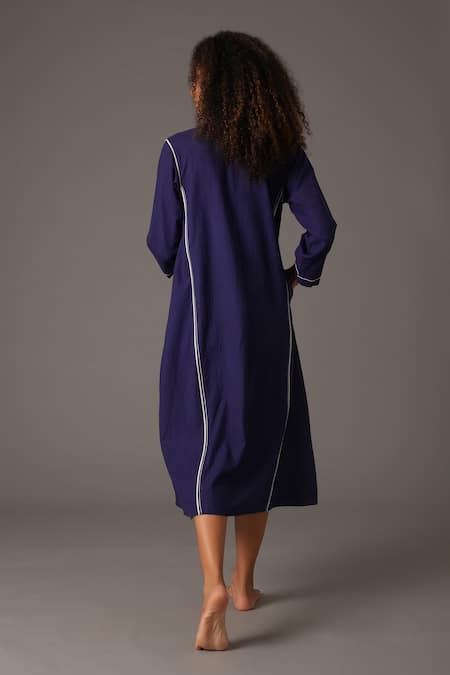 Khat_Blue Cotton Embroidery V-neck Serenity Piping Hand Midi Dress _Online_at_Aza_Fashions