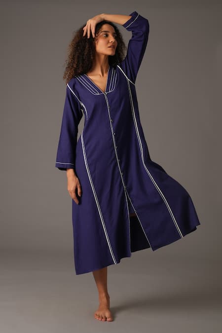 Buy_Khat_Blue Cotton Embroidery V-neck Serenity Piping Hand Midi Dress _Online_at_Aza_Fashions