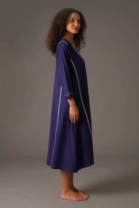 Shop_Khat_Blue Cotton Embroidery V-neck Serenity Piping Hand Midi Dress _Online_at_Aza_Fashions