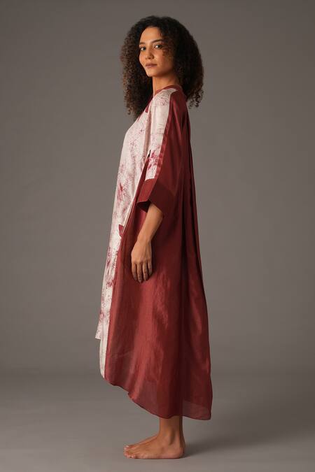 Shop_Khat_White Chanderi Silk Mandarin Collar Fleur Bloom Print Midi Dress _Online_at_Aza_Fashions