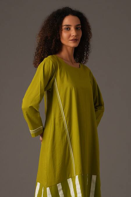 Khat_Green Poplin, Muslin Round Neck Striped Print Midi Dress _at_Aza_Fashions