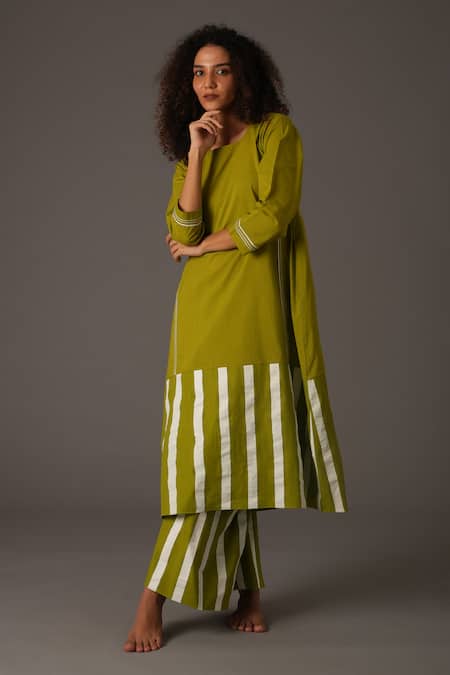 Buy_Khat_Green Poplin, Muslin Round Neck Striped Print Kurta With Pant 