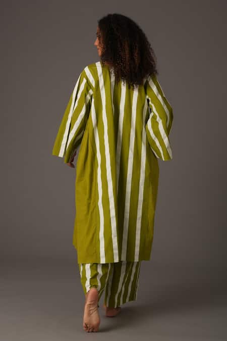 Shop_Khat_Green Poplin, Muslin V-neck Striped Print V Kurta With Pant _at_Aza_Fashions