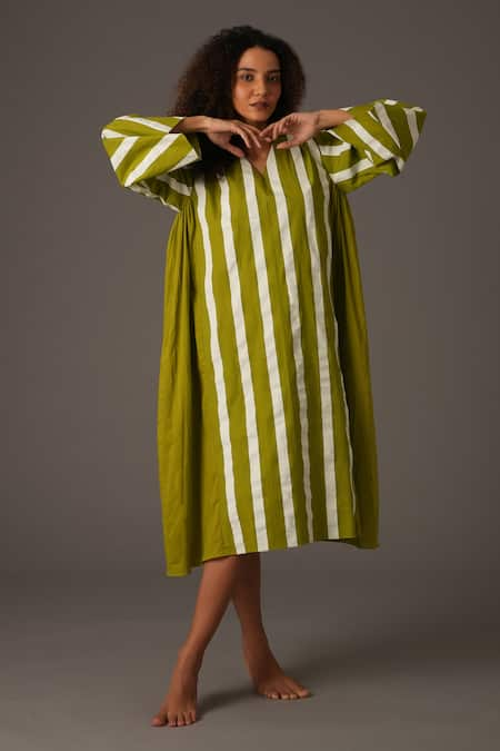 KHAT Green Mul Print Striped V Neck Midi Dress 