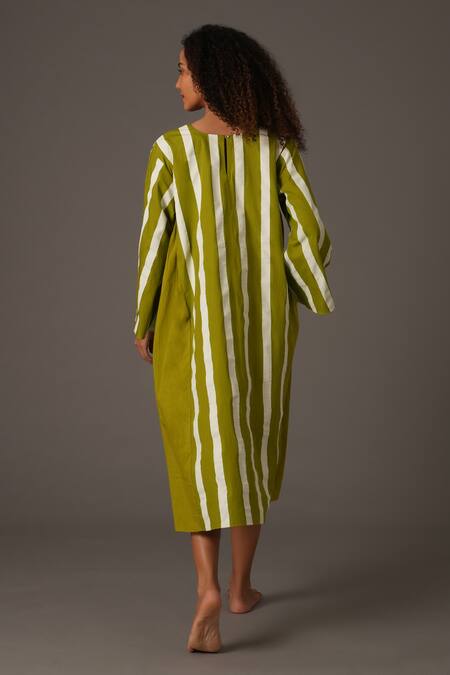 Shop_Khat_Green Poplin V-neck Striped Print V Midi Dress _at_Aza_Fashions