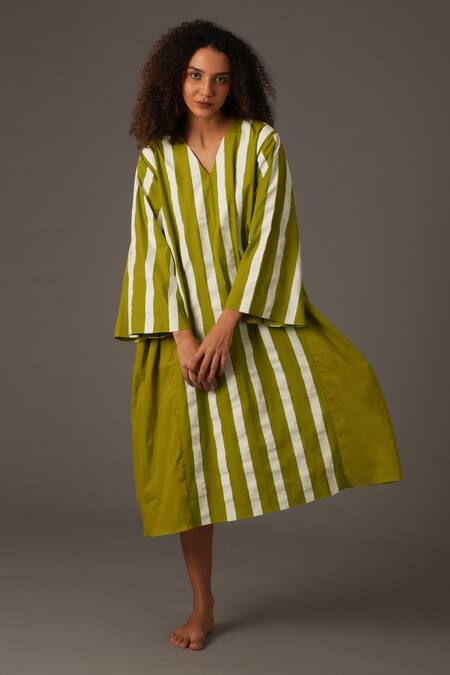 Khat_Green Poplin V-neck Striped Print V Midi Dress _Online_at_Aza_Fashions