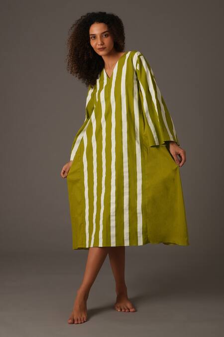 Buy_Khat_Green Poplin V-neck Striped Print V Midi Dress _Online_at_Aza_Fashions