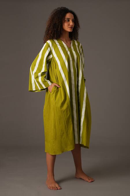 Shop_Khat_Green Poplin V-neck Striped Print V Midi Dress _Online_at_Aza_Fashions