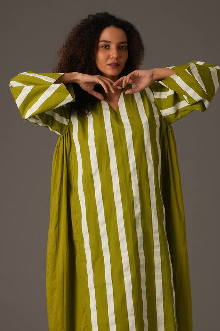 Khat Green Poplin V-neck Striped Print V Midi Dress at Aza Fashions Khat_Green Poplin V-neck Striped Print V Midi Dress _at_Aza_Fashions