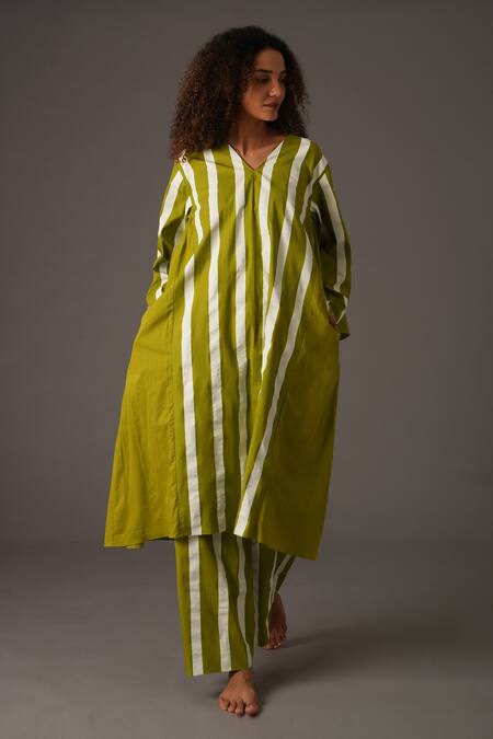 Buy_Khat_Green Mul Print Striped V Neck Bar Kurta Set 