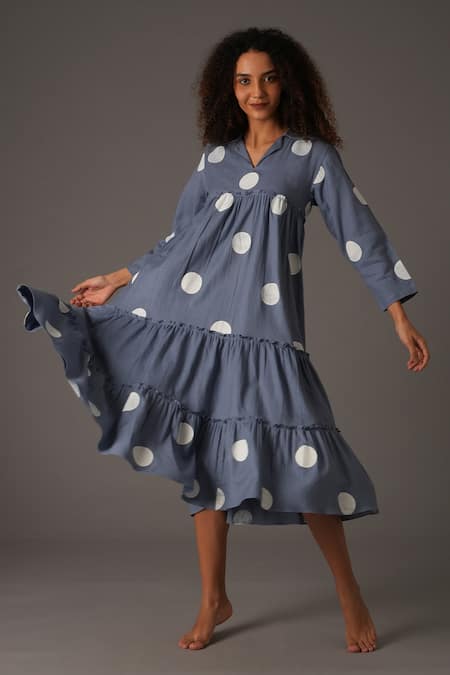 KHAT Polka Print Frilly Panelled Midi Dress 