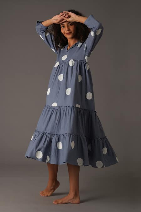 Khat_Blue Twill, Cotton Collared Polka Print Frilly Panelled Midi Dress _Online_at_Aza_Fashions