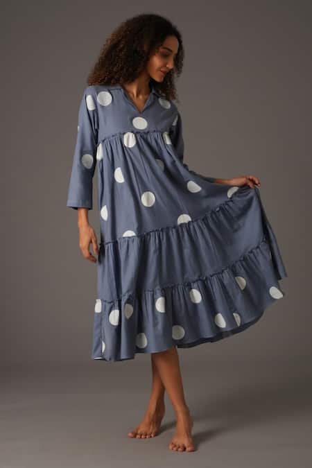 Buy_Khat_Blue Twill, Cotton Collared Polka Print Frilly Panelled Midi Dress _Online_at_Aza_Fashions