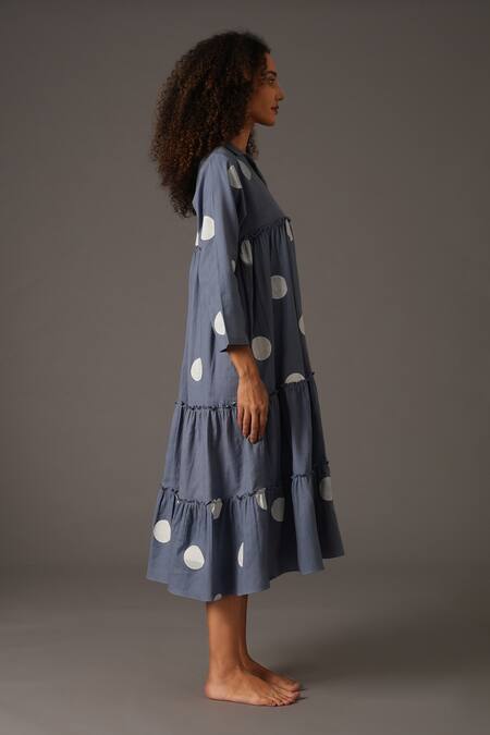 Shop_Khat_Blue Twill, Cotton Collared Polka Print Frilly Panelled Midi Dress _Online_at_Aza_Fashions