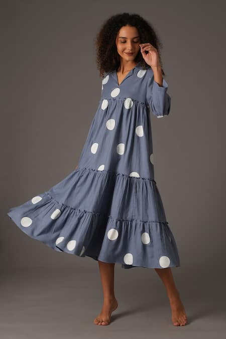 Khat_Blue Twill, Cotton Collared Polka Print Frilly Panelled Midi Dress _at_Aza_Fashions