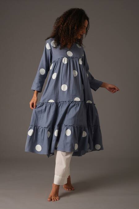Khat_Blue Twill, Cotton Fringe Collared Polka Print Frilly Panelled Kurta With Pant _Online_at_Aza_Fashions