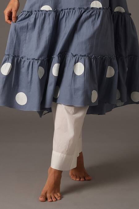 Buy Khat Blue Twill, Cotton Fringe Collared Polka Print Frilly Panelled Kurta With Pant Online at Aza Fashions Buy_Khat_Blue Twill, Cotton Fringe Collared Polka Print Frilly Panelled Kurta With Pant _Online_at_Aza_Fashions