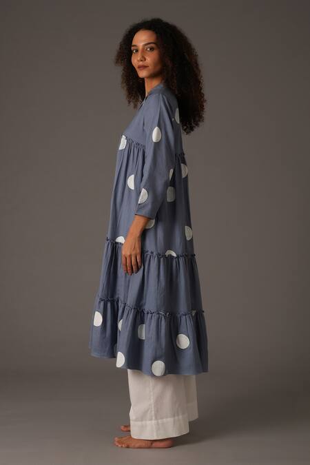 Shop_Khat_Blue Twill, Cotton Fringe Collared Polka Print Frilly Panelled Kurta With Pant _Online_at_Aza_Fashions