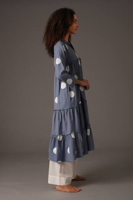 Khat_Blue Twill, Cotton Fringe Collared Polka Print Frilly Panelled Kurta With Pant _at_Aza_Fashions