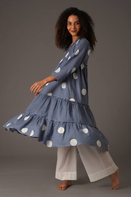 Buy_Khat_Blue Twill, Cotton Fringe Collared Polka Print Frilly Panelled Kurta With Pant 