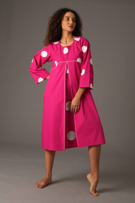Khat_Pink Cotton Round Neck Polka Print Inverted Pleat Detail Midi Dress _Online_at_Aza_Fashions