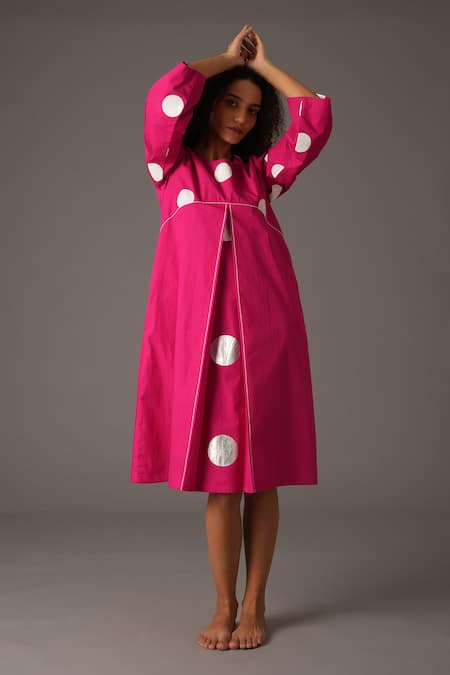 Buy_Khat_Pink Cotton Round Neck Polka Print Inverted Pleat Detail Midi Dress _Online_at_Aza_Fashions
