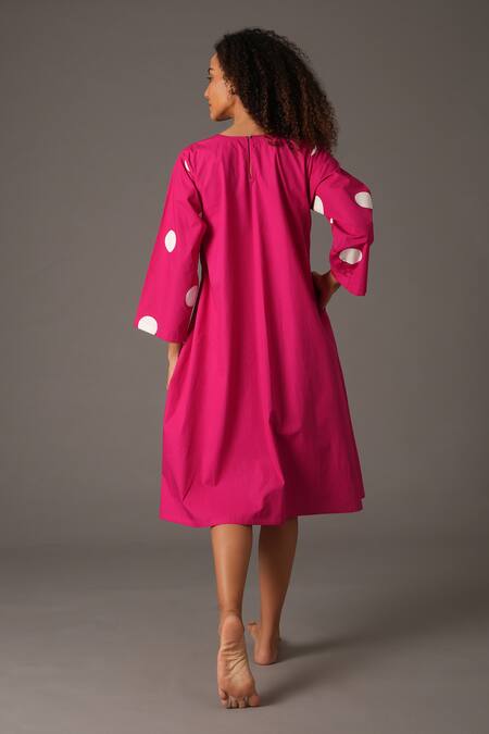 Shop_Khat_Pink Cotton Round Neck Polka Print Inverted Pleat Detail Midi Dress _Online_at_Aza_Fashions