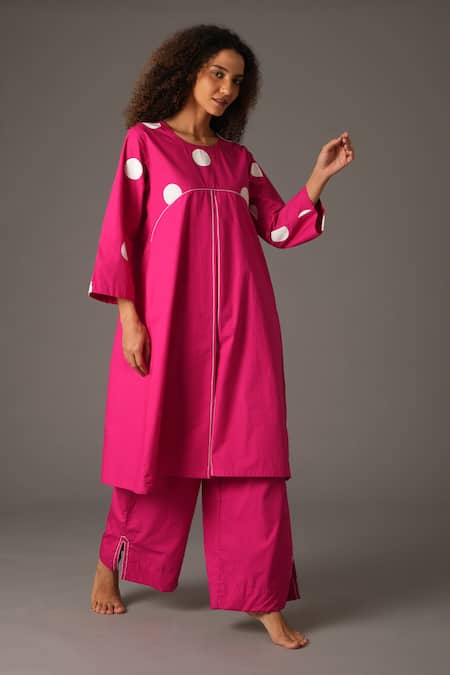 KHAT Pink Poplin Cotton Printed Polka Dot Round Kurta And Flared Pant Set 