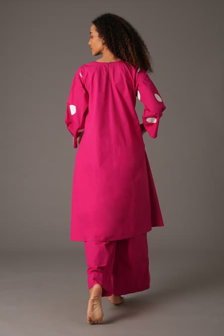 Shop_Khat_Pink Poplin, Cotton Round Neck Polka Dot Print Kurta And Flared Pant Set _at_Aza_Fashions