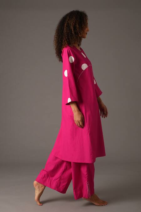 Buy_Khat_Pink Poplin, Cotton Round Neck Polka Dot Print Kurta And Flared Pant Set _Online_at_Aza_Fashions