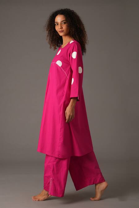 Shop_Khat_Pink Poplin, Cotton Round Neck Polka Dot Print Kurta And Flared Pant Set _Online_at_Aza_Fashions
