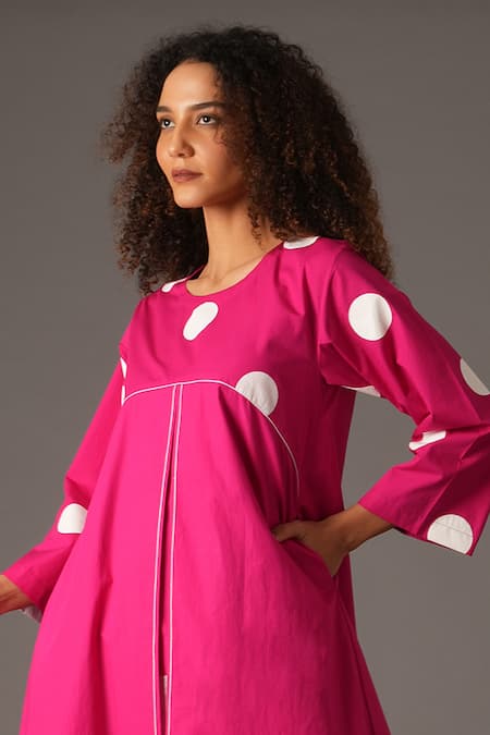 Buy_Khat_Pink Poplin, Cotton Round Neck Polka Dot Print Kurta And Flared Pant Set 