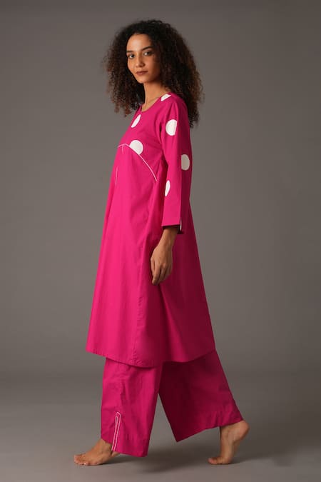 Shop_Khat_Pink Poplin, Cotton Round Neck Polka Dot Print Kurta Set _Online_at_Aza_Fashions