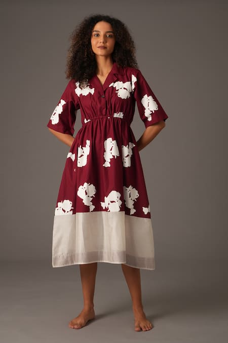 KHAT Maroon Poplin Printed Flower Lapel Collar Dress 