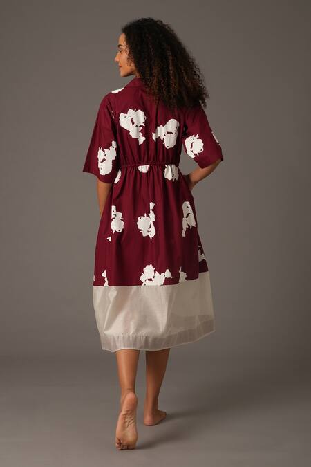 Shop_KHAT_Maroon Poplin Printed Flower Lapel Collar Dress _at_Aza_Fashions